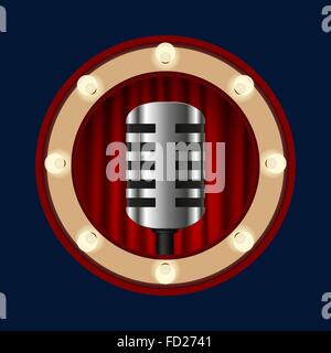 Retro microphone on a background of red curtains in a circle of light bulbs Stock Vector