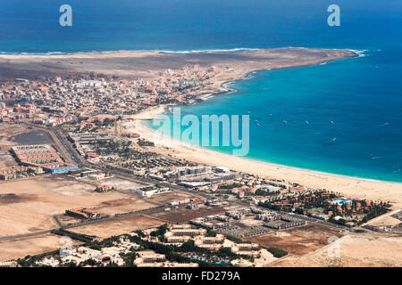 Horizontal aerial view of Santa Maria on the island of Sal in Cape Verde. Stock Photo