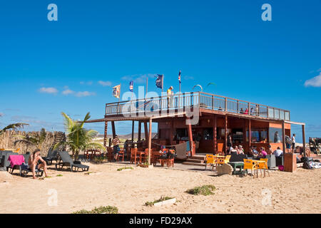 Horizontal view of a beach bar on Kite Beach in Cape Verde. Stock Photo