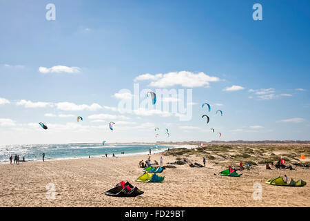 Horizontal view of kite surfers in Cape Verde. Stock Photo