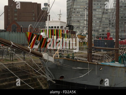 De Wadden  Three mast auxilliary schooner and dazzle ship Edmund Gardner in dry dock, Albert Docks,Liverpool,England,UK, Stock Photo