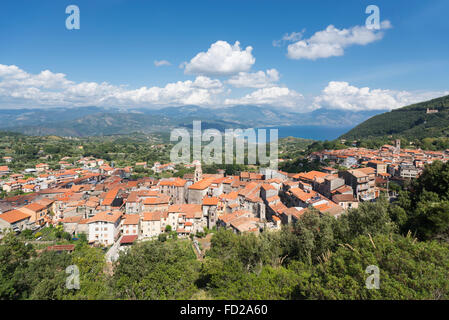 Village San Giovanni a Piro with panorama view to mountains and Gulf of Policastro at the coast of Cilento in southern Italy Stock Photo