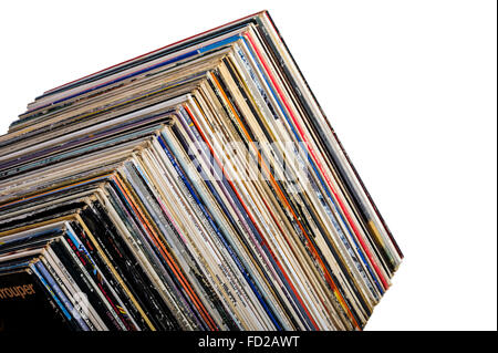 A row of long playing vinyl albums, shot at angle. Stock Photo