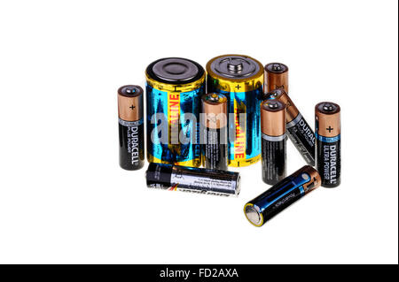 Old used alkaline batteries. Stock Photo
