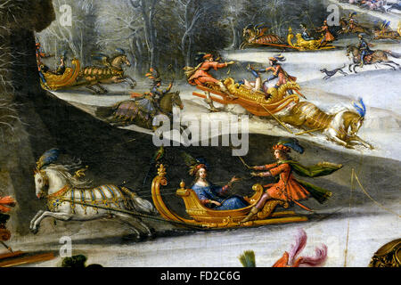 Claude Deruet (1588-1660) The fourth canvas, Water (or 'Winter') shows water in its liquid two aspects, and solid (snow and ice). The royal family who arrives in a sumptuous ceremonial nave, is welcomed by the cardinal. Many couples young aristocrats enjoy the pleasures of winter; two sleds overturned put some young women in unfortunate positions. France French Stock Photo