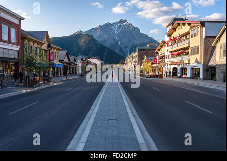 scenic view of Main street of Banff townsite in Banff National Park, Alberta Stock Photo