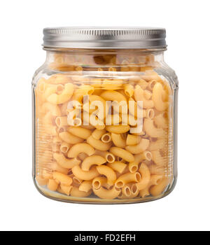 Elbow Macaroni Pasta in a Glass Jar. The image is a cut out, isolated on a white background. Stock Photo