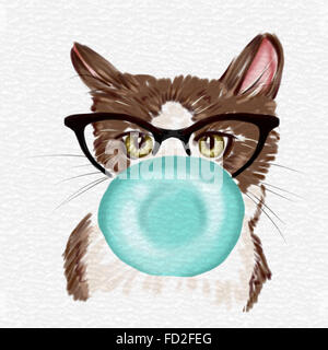 Illustration of cat with bubble gum and eyeglasses Stock Photo