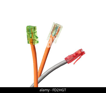 Three twisted pair cables with red, green, and yellow jacks isolated on white background Stock Photo