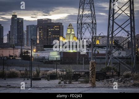 Los Angeles, California, USA. 2nd Sep, 2013. The top of Los Angeles City Hall and LA City skyline sit against twilight sky, viewed from east of the LA River. © Fred Hoerr/ZUMA Wire/Alamy Live News Stock Photo