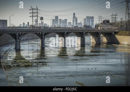 Los Angeles, California, USA. 31st May, 2014. Soto Street crosses the Los Angeles River in Vernon with LA skyline in the distance, as seen from Bandini Boulevard. © Fred Hoerr/ZUMA Wire/Alamy Live News Stock Photo