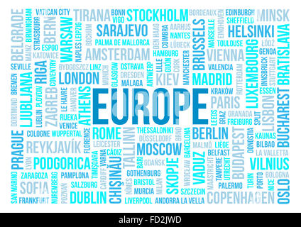 Europe, national capitals of countries and other cities words text cloud background Stock Photo