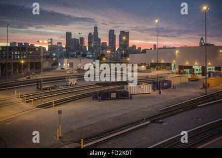 June 28, 2015 - Los Angeles, California, U.S - LA County MTA and Metro Red Line against the Los Angeles cityscape, from 4th Street Bridge. (Credit Image: © Fred Hoerr via ZUMA Wire) Stock Photo