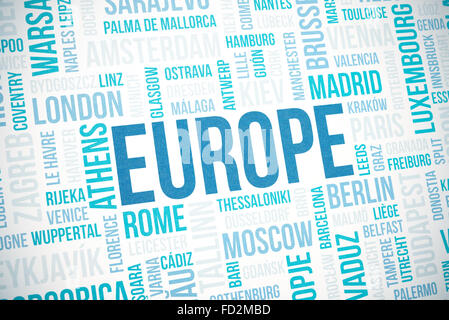 Europe cloud concept print, national capitals of countries and other cities words text background, blue toned and vignette added Stock Photo