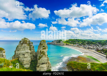 Etretat village and its bay beach, aerial view from cliff. Normandy, France, Europe. Stock Photo