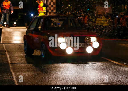 Paisley, UK. 27th Jan, 2016. More than 90 world rally and classic cars started the 84th Rallye Monte-Carlo from Paisley near Glasgow to race the 2688 Kilometres to Monte Carlo in southern France. Despite heavy rain and strong winds, thousands of spectators  turned out to cheer off the cars Credit:  Findlay/Alamy Live News Stock Photo