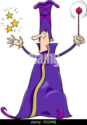 Cartoon illustration of Wizard or Sorcerer Fantasy Character Casting a Spell Stock Vector