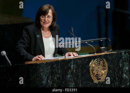 (160127) -- NEW YORK, Jan. 27, 2016 (Xinhua) -- Barbara Winton, daughter of Sir Nicholas George Winton, addresses the Holocaust memorial ceremony on the occasion of the International Day of Commemoration in Memory of the Victims of the Holocaust, at the United Nations headquarters in New York, Jan. 27, 2016. The United Nations held a Holocaust memorial ceremony on the occasion of the International Day of Commemoration in Memory of the Victims of the Holocaust on the theme 'The Holocaust and human dignity' at its headquarters in New York on Wednesday. (Xinhua/Li Muzi) Stock Photo