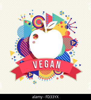 Vegan apple icon concept design with text label and colorful geometry shape background. EPS10 vector. Stock Vector