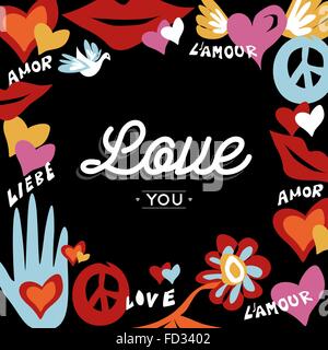 Valentines day design with Love you text quote in multiple languages and retro hippie decoration. EPS10 vector. Stock Vector