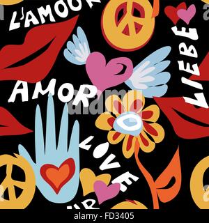 Valentines day hipster 60s seamless pattern with love text, peace sign and hippie decorations. EPS10 vector. Stock Vector
