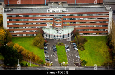 Aerial view, OPEL administration building is to be monument in the discussion, protest transparent, transparent Stock Photo
