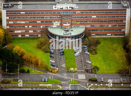 Aerial view, OPEL administration building is to be monument in the discussion, protest transparent, transparent Stock Photo