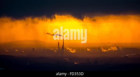 Aerial view, Marl Chemical Park in the backlight after a rainstorm, evening sun, golden light,industrial romanticism, industrial Stock Photo