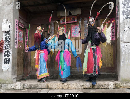 Performers at an Old Han Ground Opera, Chinese Ground Opera mask #6, Liuguan Old Han Village, Guizhou Province, China Stock Photo