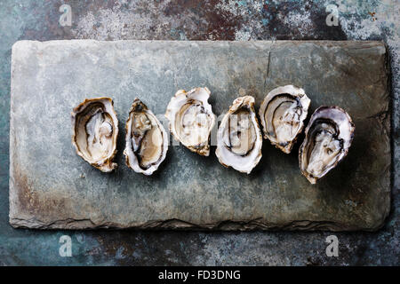 Open Oysters on gray stone plate background Stock Photo