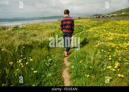 A man walks among the yellow flowers along the shoreline of Big Sur, California. Stock Photo