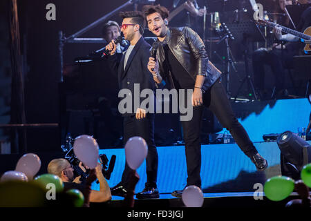 Turin, Italy. 27th Jan, 2016. The Italian group Il Volo consists of two tenors and a baritone, winners of the Sanremo Festival in 2015, performed live in a sold out concert at the Pala Alpitour. In photo Piero Barone and Ignazio Boschetto. © Elena Aquila/Pacific Press/Alamy Live News Stock Photo