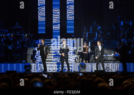 Turin, Italy. 27th Jan, 2016. The Italian group Il Volo consists of two tenors and a baritone, winners of the Sanremo Festival in 2015, performed live in a sold out concert at the Pala Alpitour. In photo Ignazio Boschetto, Piero Barone and Gianluca Ginoble. © Elena Aquila/Pacific Press/Alamy Live News Stock Photo