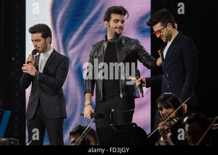 Turin, Italy. 27th Jan, 2016. The Italian group Il Volo consists of two tenors and a baritone, winners of the Sanremo Festival in 2015, performed live in a sold out concert at the Pala Alpitour. In photo Gianluca Ginoble, Ignazio Boschetto and Piero Barone. © Elena Aquila/Pacific Press/Alamy Live News Stock Photo