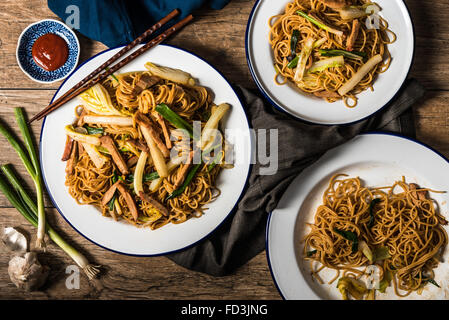 Char Siu Pork Lo Mein on wooden table Stock Photo