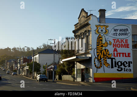 Tiger Tea sign on historic McCracken Building, Caversham, Dunedin, Otago, South Island, New Zealand Stock Photo