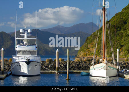 Luxury boats, Marina, Picton, Marlborough Sounds, South Island, New Zealand Stock Photo