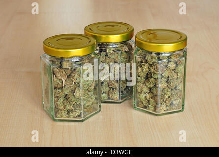 Photo of dry cannabis buds stored in a glass jars Stock Photo