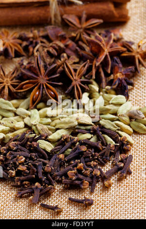 Various seasonings for cooking, Star Anise  Cardamom, Clove, Cinnamon. Stock Photo