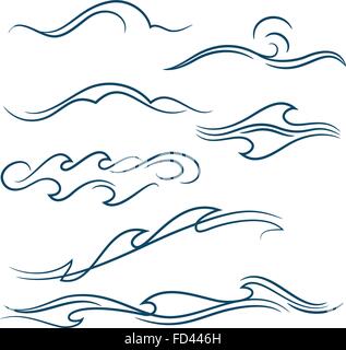 set of different simple stylized pinstripe ocean waves Stock Vector