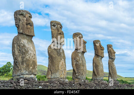 Ahu Akivi, Ahu Akivi Moais, Chile, Easter Island, Rapa Nui National Park, Unesco World Heritage Site Stock Photo