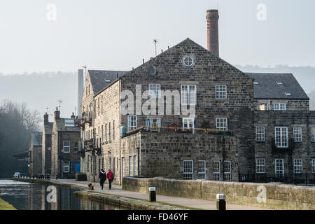 Converted mill next to Rochdale Canal in Hebden Bridge, West Yorkshire Stock Photo