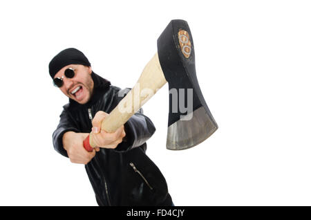 The angry man with axe isolated on white Stock Photo
