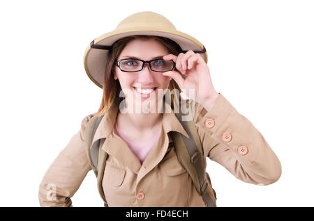 The woman wearing safari hat on white Stock Photo