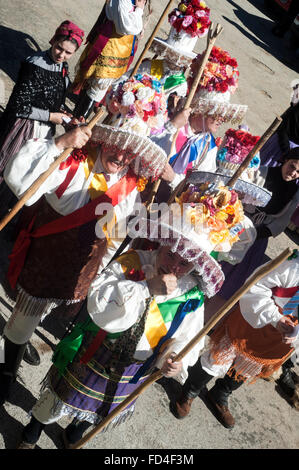 A group of zamarrones prepares to make one of his tours of the village of San Mames in the valley of Polaciones. Stock Photo