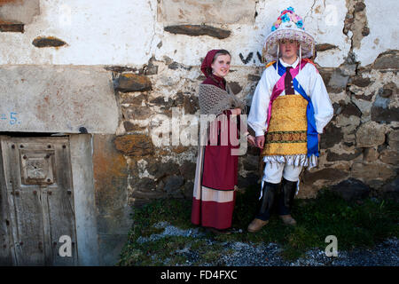 Two young dressed in carnival costumes typical of the Cantabrian zamarrones Valley Polaciones Stock Photo