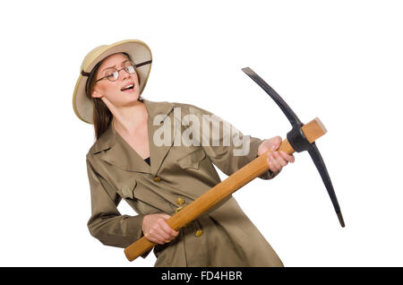 The woman wearing safari hat on white Stock Photo