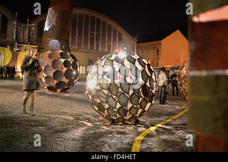 Pilsen, Czech Republic. 27th Jan, 2016. Lighted collection of large sculptures created from old metal containers by Cestmir Suska in creative zone at DEPO2015 in Pilsen, Czech Republic, January 27, 2016. © Pavel Nemecek/CTK Photo/Alamy Live News Stock Photo