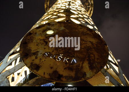 Pilsen, Czech Republic. 27th Jan, 2016. Lighted collection of large sculptures created from old metal containers by Cestmir Suska in creative zone at DEPO2015 in Pilsen, Czech Republic, January 27, 2016. © Pavel Nemecek/CTK Photo/Alamy Live News Stock Photo