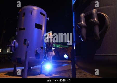 Pilsen, Czech Republic. 27th Jan, 2016. Lighted collection of large sculptures created from old metal containers by Cestmir Suska in creative zone at DEPO2015 in Pilsen, Czech Republic, January 27, 2016. © Pavel Nemecek/CTK Photo/Alamy Live News Stock Photo